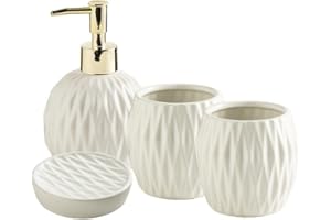YIK TUNG Bathroom Accessory Sets 4 Pcs, White Ceramic Bathroom Organizer, Lotion Dispenser, Toothbrush Holder, Toothbrush Cup, Soap Dish, Modern Luxury Housewares Refillable Bathroom Soap Dispenser Set