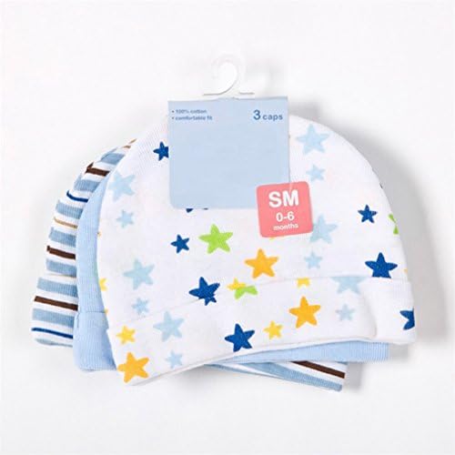 3pcs,Newborn Hospital Baby Hats Cotton Star Printed 0-3 Months Baby Unisex Girls Boys (Blue)
