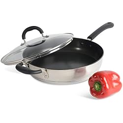 ProCook Gourmet Stainless Steel - Sauteuse INOX Induction 28cm - Mijoteuse Revêtement Antiadhésif - Couvercle Verre Trempé - Manche & Poignée Auxiliaire Silicone Isolant - 28 cm - 3,7 l