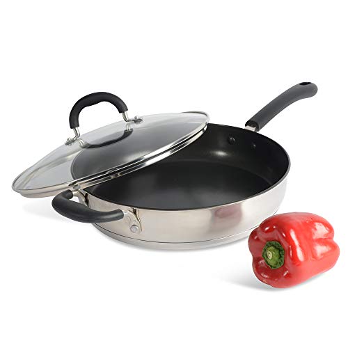 ProCook Gourmet Stainless Steel - Sauteuse INOX Induction 28cm - Mijoteuse Revêtement Antiadhésif - Couvercle Verre Trempé - Manche & Poignée Auxiliaire Silicone Isolant - 28 cm - 3,7 l