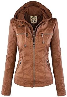 hqclothingbox Womens Classic Faux Leather Hooded Jackets Zip Up Outwear