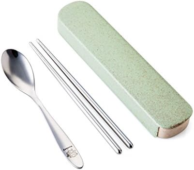 XXAICW Wheat Straw Portable Student Cutlery 3-Piece Travel Stainless Steel Chopsticks Spoon Box Set The Nordic Green
