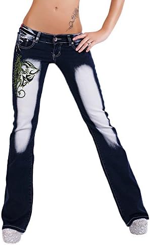 Ladies Women's Bootcut Jeans tattoo design dark Blue washed Sizes UK 6 8 10 12 14 (Tag 36 S fits waist 27-28 inches ( 68.5-71 cm))
