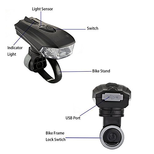 LED Fahrradlampe Fahrradbeleuchtung Wiederaufladbare per USB Aufladbares Intelligenter Lichtsensor aus Aluminiumlegierung 400 Lumen Superhelle, Smarte, Strapazierfähige Fahrradlicht - 5
