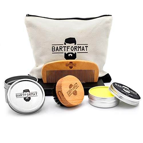 Bartpflege Set'GLATTMACHER' von BARTFORMAT (4-Teilig) - Runde Bartbürste (Wildschweinborsten) + Bart Balsam (60ml) + Bartkamm (Birnbaumholz) - Das Bartpflege Geschenk-Set für Männer