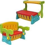 Clamaro 'SwitchBench' 2in1 Kinder Sitztruhe mit Klapptisch oder Rückenlehe und geheimer Truhe, einfach die Sitzbank mit Lehne in eine Sitzbanktruhe mit Tisch umklappen, flexible Indoor und Outoor Kindersitzgruppe aus wetterfestem Kunststoff für den Garten oder im Kinderzimmer