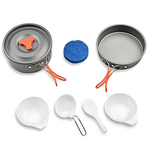 Camping Kochgeschirr-Set Outdoor Geschirr- ODOLAND 8-teiliges Topf und Pfanne aus leichten Aluminium und Edelstahl-faltbare Löffel und Gabel Topf-Pfannenset für 1-2 Personen zum Camping Outdoor Wandern Picknick BBQ - 2
