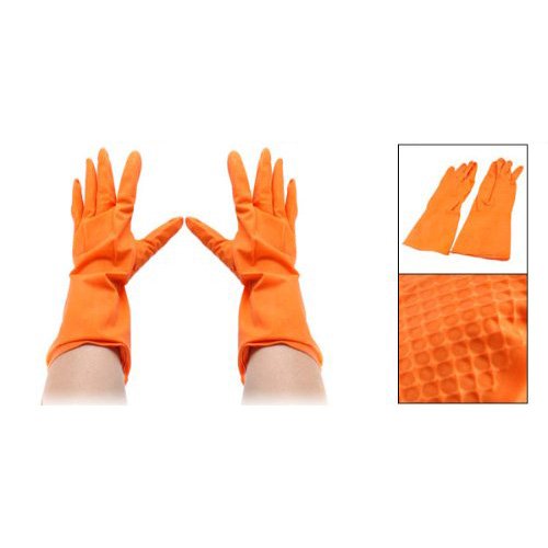 Houseworking Orange Rubber Dish Clothes Washing Cleaning Gloves Pair
