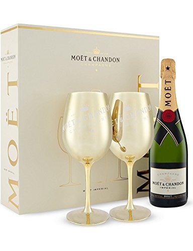 75cl Moet & Chandon Champagne Gift Set with 2 Branded Golden Goblets - Stunning idea for Mum, Mothers Day, Valentines, Christmas, Birthday, Wedding, Anniversary, Business, Corporate, Her