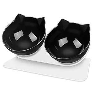 Double Cat Dog Bowls Elevated Cat Food Water Bowls with Raised Stand 15? Tilted Bowl for Cats and Small Dogs(Black)