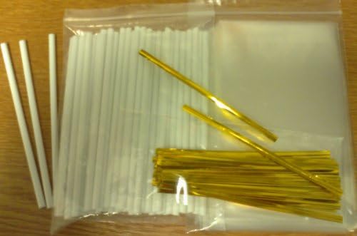 50 x 114mm (4.5 incn) White Plastic Cake Pop Lollipop Kit Included Cello Bags & Twist Ties of Your Choice (Gold Twist Ties)