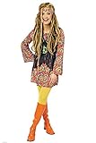 Damen Hippie 60er Jahre Faschingskostüm bestehend aus kurzem Kleid mit buntem psychedelischen Muster, Weste mit Fransen in Jeansoptik inkl. Stirnband/Haarband.