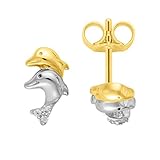 Bicolor Delfin Ohrstecker Zirkonia Stein in Gold 333