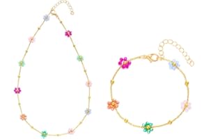 FDEETY 2 Pezzi Gioielli da Donna Set Vintage Colorato Perline Fiore Collana con Bracciale Fiore Girly Stile Fresco e Carino