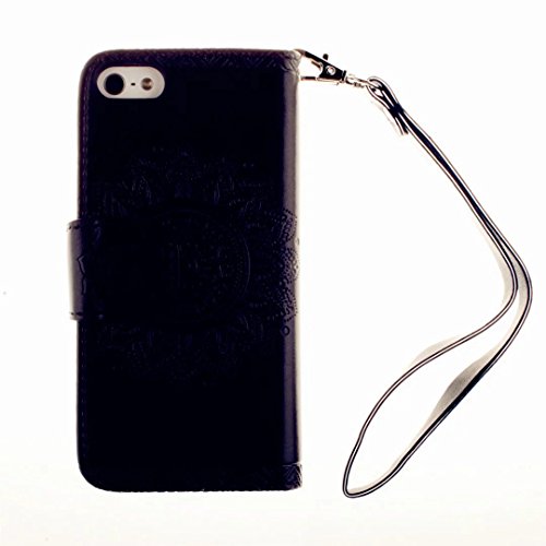 MUTOUREN Hülle für iphone SE iphone 5 5s Schutzhülle [Kratzfeste, Scratch-Resistant] Bookstyle PU Lader HandyHülle Tasche Wallet Flip Case Lederhülle Brieftasche mit Standfunktion Kartenfächer Magnetic schließt Painted Muster- Henna Indische Sonne Mandala Schwarz + Metall Stylus Stift - 4