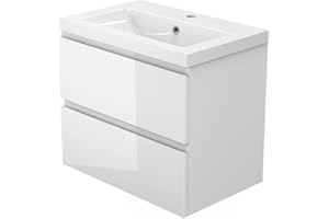 SKY BATHROOM Skybathroom 500mm Bathroom Vanity Unit Gloss White with Ceramic Basin Sink Cabinet Wall Mounted 2 Drawers Flatpack