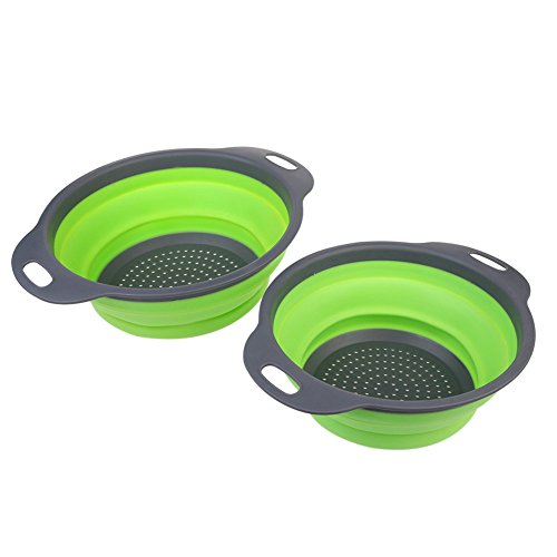 2 Stück Collappsible Colander Set, Silikon Faltbarer Seiher Abtropfsieb Home Küche Faltbar Silikon-Filter Utensil Set Gemüse Obstkorb (Grün+Grau) [Energieklasse A+] - 9