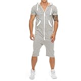 Vertvie Homme Grenouillères Combinaison Pantalon Court Zip Jumpsuit Overall Sport Survêtement Décontracté Sweatshirt à Capuche Manches Courtes Short de Sport Une Pièce(L,Gris Clair)