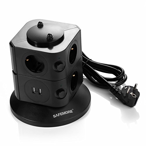 SAFEMORE Schaltbare 7 fach Steckdosenleisten Mehrfachsteckdosen Steckdosenturm mit 2 USB Anschlüsse 2500W/10A Schwarz - 6