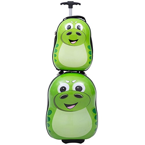 Preisvergleich Produktbild COSTWAY Kinderkoffer + Rucksack Kofferset Kindergepäck Reisegepäck Kindertrolley Kinderreisekoffer Hartschale Trolley Tiermotiv (Grün)
