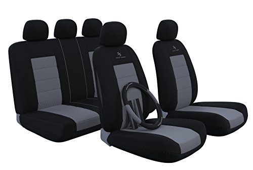 Upgrade4cars Housse de Siege Voiture Universelle en Noir Gris / Couvre Volant 37-39 cm / de Protection pour Avant et Arrière / Couverture de Siège Auto / Cadeau pour Femmes et Hommes