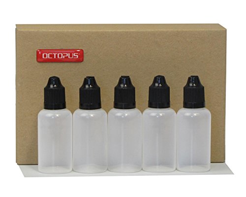 5 x 30 ml Octopus Tropfflaschen, zur Dosierung von Flüssigkeiten, E-Liquids, Augentropfen, leere LDPE Kunststoffflaschen transparent, Tropferflaschen mit schwarzen Tropfverschlüssen, mit Kindersicherung, inkl. 5 Beschriftungsetiketten