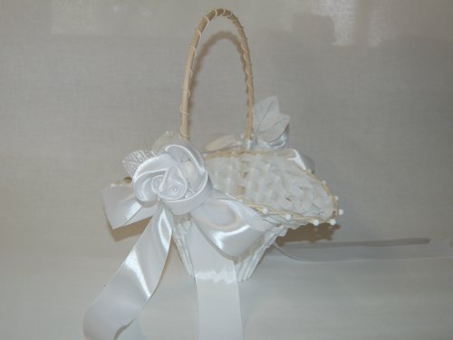 Blumenkinderkörbchen Biedermeier Streukorb weiss mit SATINROSE, 24 x 17 cm - Blumenkinderkorb Streukörbchen zur Hochzeit, Korb Geflochten -