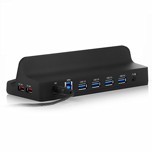 BESTEK Aktiv USB 3.0 Hub 4 Ports + 2 x 5V/2.4A Ladeports + 1 Audio Port mit 12V 3A Netzteil Dockingstation hat bis zu 5 Gbps Datentransferrate abwärtskompatibel Schwarz