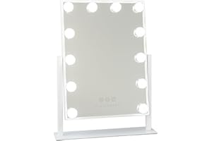 ‎FLAMINGUEO Flamingueo Hollywood Lusterko do Makijażu z Oświetleniem - 12 LED - 3 Tryby - Regulowana Intensywność - Sterowanie Dotykowe - Lustro Powiększające w Zestawie - Biały - 36x47,5x7,5cm