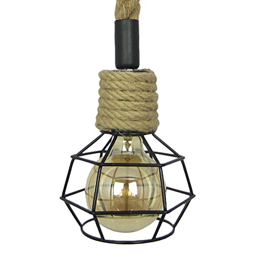 Industrial Retro Pendant Light, Jeffrien Vintage Iron Basket Diamond Cage Lamp Shape Indoor Ceiling Lighting Fixture with Hemp Rope for Loft Club Bedroom Kitchen Restaurant, Black