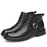 Men's Mid-Cut Leather Shoes - Thick Heel Road Warm Casual Shoes Warm Texture Black 5UK