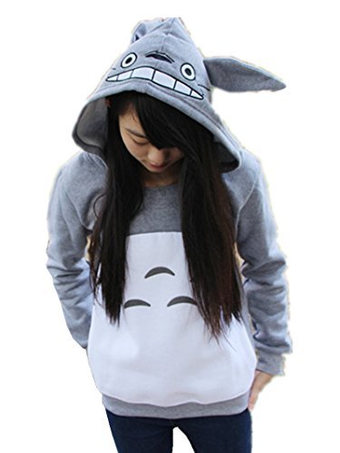 Double Villages Totoro Sweat à Capuche Chemise Unisexe Pull Anime Mon Voisin Totoro Manches Longues Polaire Sweat à Capuche avec des Oreilles Gris (S)