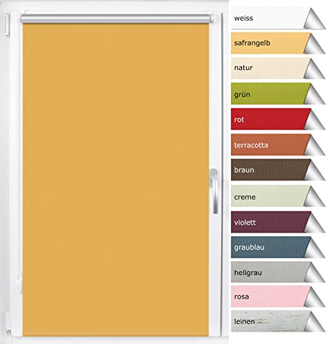 EFIXS Thermorollo Mini - 17 mm Welle - Farbe: safrangelb - Größe: 60 x 220 cm (Stoffbreite x Höhe) - OHNE BOHREN - incl. verstellbare Klemmträger und Rollomagnete - Hitzeschutzrollo - Verdunklungsrollo - weitere Größen im Angebot wählbar