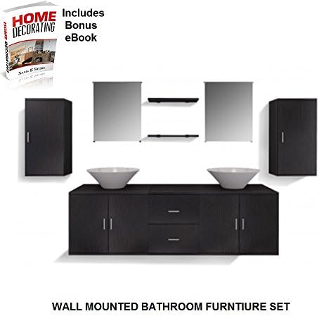 Bathroom Furniture Set Includes 2 Sink Basins Vanity Unit 2 Mirrors 2 Cupboards, Storage Drawers Black Contemporary Modern Sleek Design