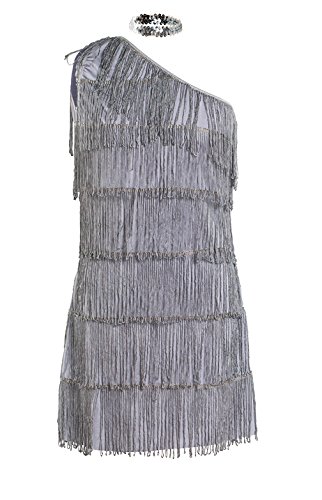 1920’s Flapper Dress | Grey Fringed Dress and Headband | UK Size 8-16 | Roaring 20s Silver Fancy Dress Costume (Women: 16, Grey)