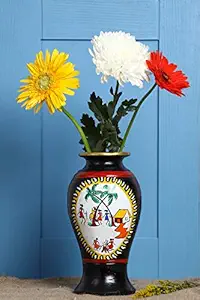 DIVINE ELEMENTS Terracotta Warli Handpainted Flower Vase for Living Room Home Decor Gifting ( Height 10 Inch Black)