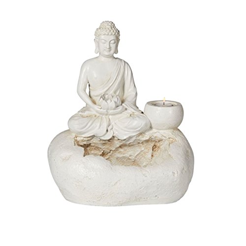 miaVILLA Zimmerbrunnen Buddha mit Teelichthalter Polyresin Weiß Höhe 38 cm