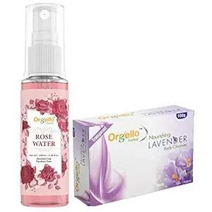 Orgello Herbal Rose Water Spray Mist Toner Gulab jal (100 ml ) + Lavender Body Soap Cleanser ( 100 gm ) - Pack Of 2 - for men women girls boys normal oily dry skin sls paraben mineral oil free