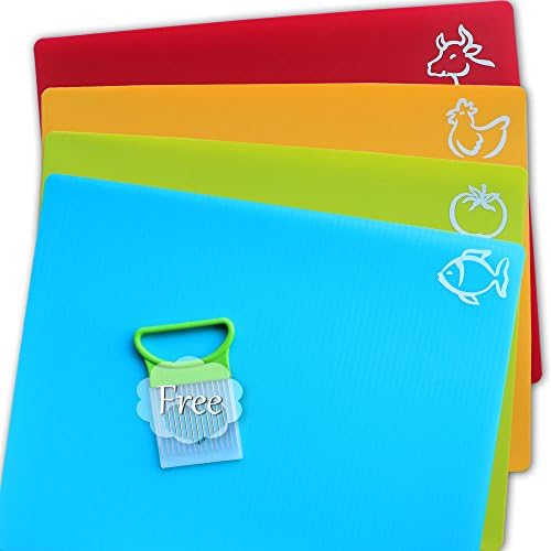 Flexible Plastic Chopping Boards Set - Mtong Kitchen Cutting Mat Flat Cutting Sheets with Food Icons, Best for Food Safety Nonslip Antimicrobial Easy to Clean, Set of 4 Colored Mats