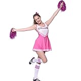 Rosa Cheerleader Kostuem Uniform Cheerleading Cheer Leader mit Pompom Minirock GOGO Damen Maedchen Karneval Fasching