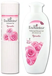 Enchanteur Romantic Perfumed Talc for Women, 250g & Enchanteur Romantic Perfumed Shower Gel (Body Wash) for Women, 250ml with Roses & Jasmine Extracts
