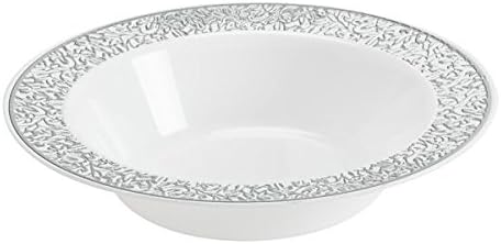 [10 PACK] Lace Collection Elegant Premium Plastic Disposable Party Dinner Plates (12oz-354ml Soup Bowls, White &amp; Silver)