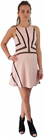 Ex Topshop Pale Pink Sleeveless Halter Skater Dress | Fitted Swing Skirt With Black Mesh Trim Insert 12