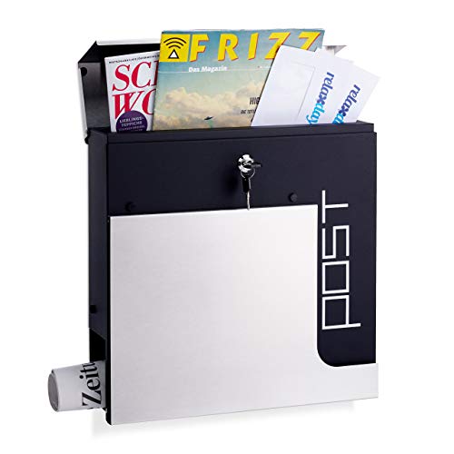 Preisvergleich Produktbild Relaxdays Design Briefkasten, abschließbar, mit Zeitungsrolle, Din A4, großer Postkasten, HBT: 37 x 37 x 11 cm, Silber