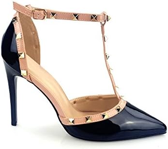 Valery Women Ladies High Heel T Bar Single Anklestrap With RockStuds Court Shoe 8 BLACK PATENT