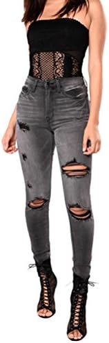PengGeng Womens Slim Trousers Distressed Ripped Knee Jeans High Waisted Skinny Leggings