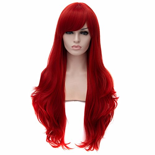 QIYUN.Z Pelucas Rojas Grandes Mujeres Cosplay Rizado Flequillo Lateral Moda Resistentes Fiesta Largo Peluca