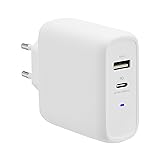 Amazon Basics Caricabatterie GaN da parete a 2 porte da 63W,1 porta USB-C da 45W e 1 porta USB-A da 18W, bianco(senza tecnolo