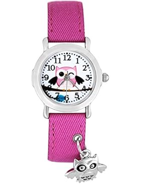 Crystal blue Kinder-Armbanduhr Eule Anhänger Textilarmband Mädchen Uhr Analog Quarz pink 20259