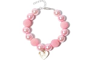RayMinsino Cute Teddy Dog Pearl Necklace Pink Heart Pendant Pet Collars Dog Clothing Accessories Small and Medium-Sized Dog Collars (9.8-12.6in)